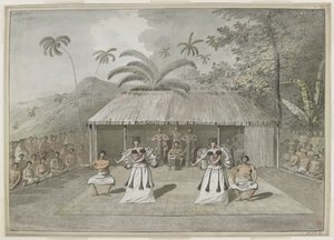 [Tüm çizim] Otaheite'de [Tahiti] bir dans ya da heiva. İki erkek ve iki kadın dans ediyor, arkada davulcular ve her iki tarafta seyirciler. Eylül 1777 by John Webber