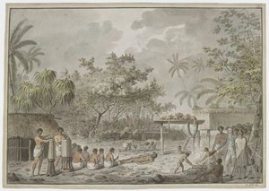 [Tam çizim] Tahiti'deki Attahouroo [Utuaimahurau]'daki büyük morai'de insan kurbanı, Kaptan Cook'un 1 Eylül 1777'de tanık olduğu. ve üç by John Webber