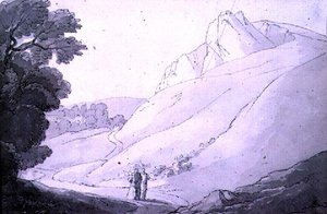 İki figürlü (kalem, mürekkep ve sulu boya) tepelik bir manzara