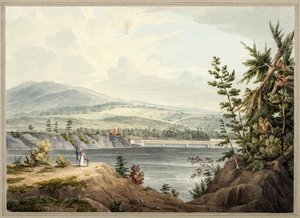 Waterford yakınlarındaki Hudson Nehri Köprüsü, New York, 1832 (suluboya, guaj, seçici cam, grafit ve kart üzerine yerleştirilmiş kağıt üzerine kazıma)