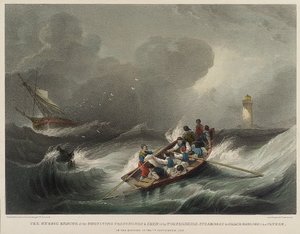 Forfarshire buharlı gemisinin yolcu ve mürettebatının 7 Eylül sabahı Grace Darling ve babası tarafından kahramanca kurtarılması by John Wilson Carmichael