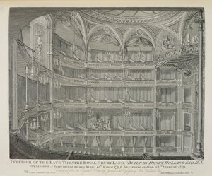 Interior of the Late Theatre Royal, Drury Lane, in London, Built by Henry Holland, 1794, Destroyed by Fire in 1809, engraved by Dale, 1820  by John Winston