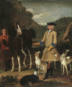 Edward, Lord Seymour, atı, damadı ve köpekleriyle bir manzarada by John Wootton