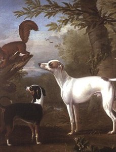 Bir Ağaç Kütüğü Üzerindeki Bir Sincap Tarafından Çekilen İki Spor Köpeği by John Wootton