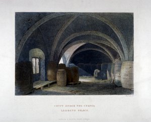 Lambeth Sarayı, Londra, 1851'deki şapelin altındaki fıçılarla dolu kript. by John Wykeham Archer