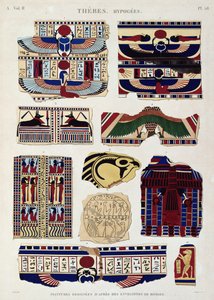 Mumyaların ambalajlarından boyanmış tasarımların çizimleri, Hypogees, Thebes, Willemin tarafından kazınmış, 1822 (aquatint) 'Descriptions of Egypt', Cilt II'den 58 numaralı plaka by Jomard