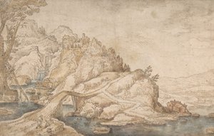 Nehir, Köprü ve Solda İki Figürlü Evler ile Tepelik Manzara, 16. yüzyılın sonu - 17. yüzyılın ortası. by Joos de Momper the Younger.