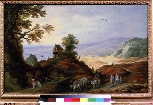 Tepedeki Şapel ile Manzara. Pulluklu köylüler yollarda yürüyor. Joos de Momper Le Jeune (1564-1635), 1608-1610 dolaylarında tablo. Flaman sanatı. Ahşap üzerine yağ. Pushki Güzel Sanatlar Müzesi