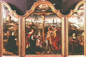 Üç Parçalı: Diz çökmüş Donörlerle çevrili çarmıha germe (petrol) by Joos van Cleve