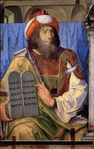Ünlü adamların portreleri: Musa ve kanun tabloları. Joos van Wassenhove (veya Justus van Gent, Josse veya Jodocus of Ghent veya 1460-1475 arasında aktif olan Giusto di Ghent veya Juste de Ghent olarak da bilinir). Ahşap üzerine boyama. Karartma: 74 x 115 c by Joos van Gent (fl.1460 75)