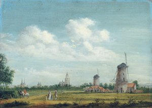 Solda St. Walburgiskerk ve sağda Grote Kerk ile Arnhem manzarası, yakınlarda dolaşan zarif kasaba halkı, 1776