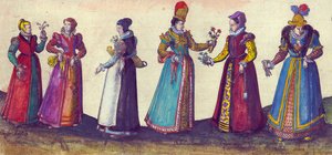 Elizabeth dönemi İngiliz kadınları, 1598 (el renkli bakır gravür) by Joris Hoefnagel