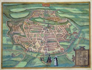 Georg Braun (1541-1622) ve Frans Hogenberg (1535-90) tarafından yazılan 'Civitates Orbis Terrarum'dan Metz Haritası, c.1572 (renkli gravür)