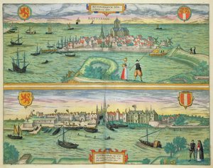 Rotterdam ve Gouda haritası, Georg Braun (1541-1622) ve Frans Hogenberg (1535-90) c.1572-1617 tarafından 