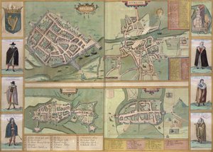 Georg Braun (1541-1622) ve Frans Hogenberg (1535-90), c.1573 tarafından 'Civitates Orbis Terrarum'dan Galway, Dublin, Limerick ve Cork haritaları