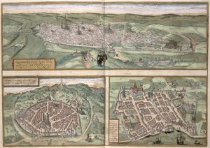 Georg Braun (1541-1622) ve Frans Hogenberg (1535-90), c.1572 tarafından 'Dünya Şehirleri'nden Rouen, Nimes ve Bordeaux Şehir Planları by Joris Hoefnagel