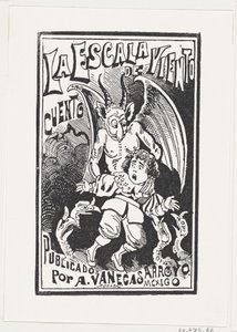 Bir grup akbaba üzerinde genç bir çocuğu omuzlarından tutan bir iblis, illustrati..., yakl. 1880-1910. by José Guadalupe Posada