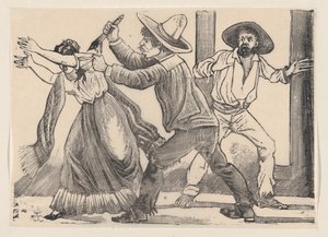 "Cinayet..., 1891" başlıklı bordadan bir kadını kolundan yakalayan ve bıçaklayan bir adam. by José Guadalupe Posada