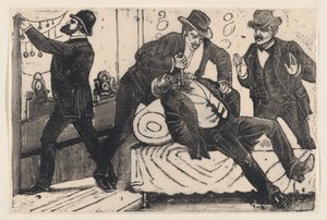 Arkadaşları bir mağazayı yağmalarken başka bir adamı göğsünden bıçaklayan bir adam, bir..., ca. 1890-1891. by José Guadalupe Posada