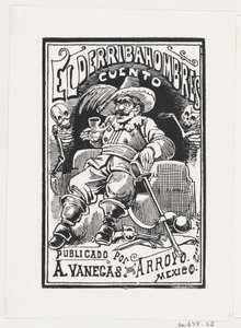 Silahlı ve ağzında pipo olan bir adam, iki iskeletle çevrili, illüstrasyon..., yakl. 1880-1910. by José Guadalupe Posada