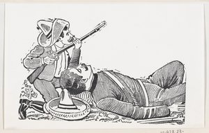 Düşmüş bir devrimciyi korumak için tüfek tutan ve diz çöken bir devrimci, c..., ca. 1880-1910. by José Guadalupe Posada