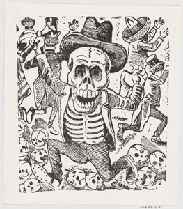 İnsanlar kaçarken bir kemik tutan ve bir kafatasları yığınının üzerinden sıçrayan bir iskelet, fr..., ca. 1907. by José Guadalupe Posada
