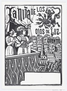 Bir kadın ve bir adam balkonda durmuş gökyüzünde uçan bir canavara bakıyor..., yakl. 1880-1910. by José Guadalupe Posada