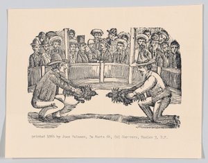 Bir arenada bir dövüşe hazırlanmak için ellerinde horoz tutan iki adam, spe..., ca 1890-1910, 1964'te yeniden basıldı. by José Guadalupe Posada