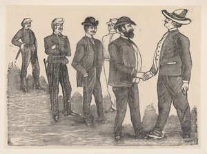 Ön planda el sıkışan iki adam ve arka planda onları izleyen memurlar..., ca. 1880-1910. by José Guadalupe Posada