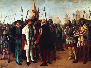 "Fransız Kralı I. François (1494-1547) Valencia limanında " 19. yüzyıl (resim) by Jose Bru Albinana