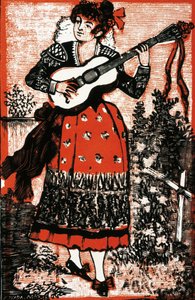Meksikalı bir kadını gitarla temsil eden bir şarkı kitabının kapağı. Jose Guadalupe POSADA (1852-1913) tarafından yapılan gravür. Oymak by José Guadalupe Posada