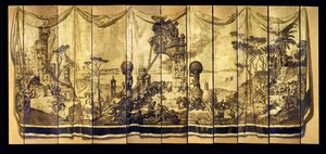 Vision Mediterranea, on bir yapraklı ekran, c.1925 (yaldızlı ahşap panelde yağ) by Jose Maria Sert y Badia
