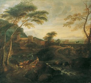 Otlayan inekler ile manzara by Josef Faistenberger