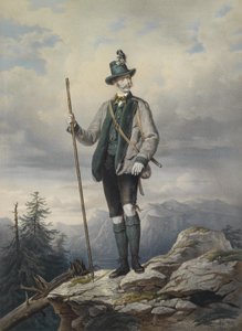 Ischl av kostümü içindeki genç imparatorun portresi, Kriehuber tarafından renkli litografi, 67 x 49 cm