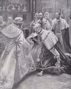 Kral Edward VII, taç giyme töreninde yemin ederken, Westminster Abbey, Londra by Joseph (after) Finnemore