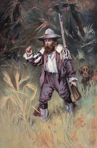 Robinson Crusoe: Arpanın yetiştiğini görüyorum (renkli litho) by Joseph (after) Finnemore