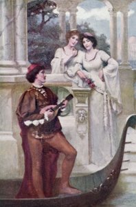İki genç kıza müzik çalan genç adam (renkli taş) by Joseph (after) Finnemore
