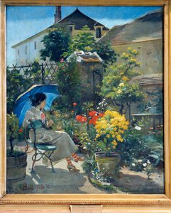 Bahçede şemsiyeli ve çiçeklerle çevrili genç bir kadın. Joseph Bail (1862-1921) tarafından 20. yüzyıl tablosu. Lyon, Güzel Sanatlar Müzesi