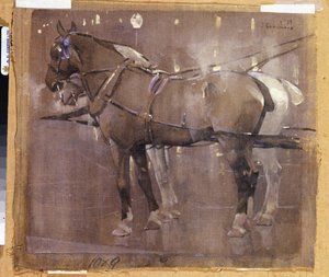 Gaslight'tan Cab Horses (keten üzerine suluboya ve gövde rengi) by Joseph Crawhall