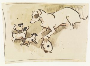 Fox Terrier ve Köpek Yavruları (kalemle ve kağıt üzerinde yıkayın) by Joseph Crawhall