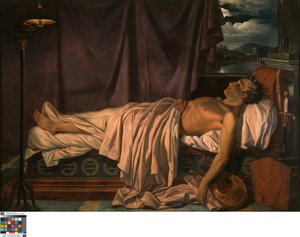 Lord Byron ölüm döşeğinde, yaklaşık 1826 (tuval üzerine yağlıboya) by Joseph Denis Odevaere