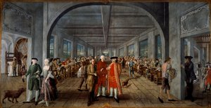 Wetter Brothers Indian Fabric Factory Solda, Bay ve Bayan Jean Rodolphe (Jean-Rodolphe) Wetter zengin vetus. Merkezde bir işçi, fabrika müdürü Pierre Pignet'e bir baskı levhası sunuyor, arkasındaki işçiler iş başında. Sağda, bir parça