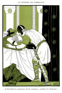 Nibelunge Efsanesi: Siegfried, Walkyrie Brunnhilde'yi (kromolitograf) kucaklıyor by Joseph Kuhn Regnier