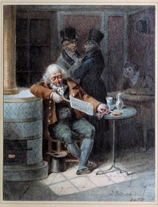 Reading of the Gazette””: old man sleeped in a cafe reading the newspaper “The Gazette”” in 1824. Lithograph by Joseph Louis Hippolyte Bellange (1800-1866) 1824 Paris, Musee Carnavalet by Joseph Louis Hippolyte Bellange