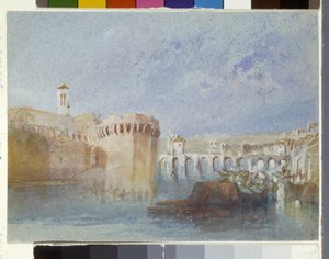 Angers: The Walls of Doutre With The Church Of La Trinité (mavi kağıt üzerine suluboya ve guaj) by Joseph Mallord William Turner