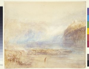 Schaffhausen'de Ren Şelaleleri - Uzak Görünüm (beyaz kağıt üzerine gri astar üzerine suluboya, kalem ve kırmızı mürekkep) by Joseph Mallord William Turner