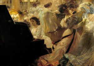 Belle epoque: “Beyaz Balo” Genç kadınların beyaz elbiseler giydiği ve piyano çaldığı akşam Joseph Marius Avy (1871-1939) 1903