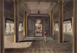 A soldier standing in a Rangoon temple, engraved by George Hunt, 1825 (coloured aquatint)