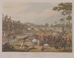 Rangoon: 8 Temmuz 1824'te Ana Çarşılardan birinin Fırtınası, 'Rangoon Views'dan levha 15, George Hunt tarafından kazınmış, 1825 (aquatint)