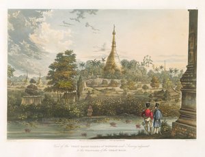 Rangoon'daki Büyük Dagon Pagoda'nın Batı'dan görünümü, Henry Pyall (1795-1833) 1825-26 tarafından oyulmuş